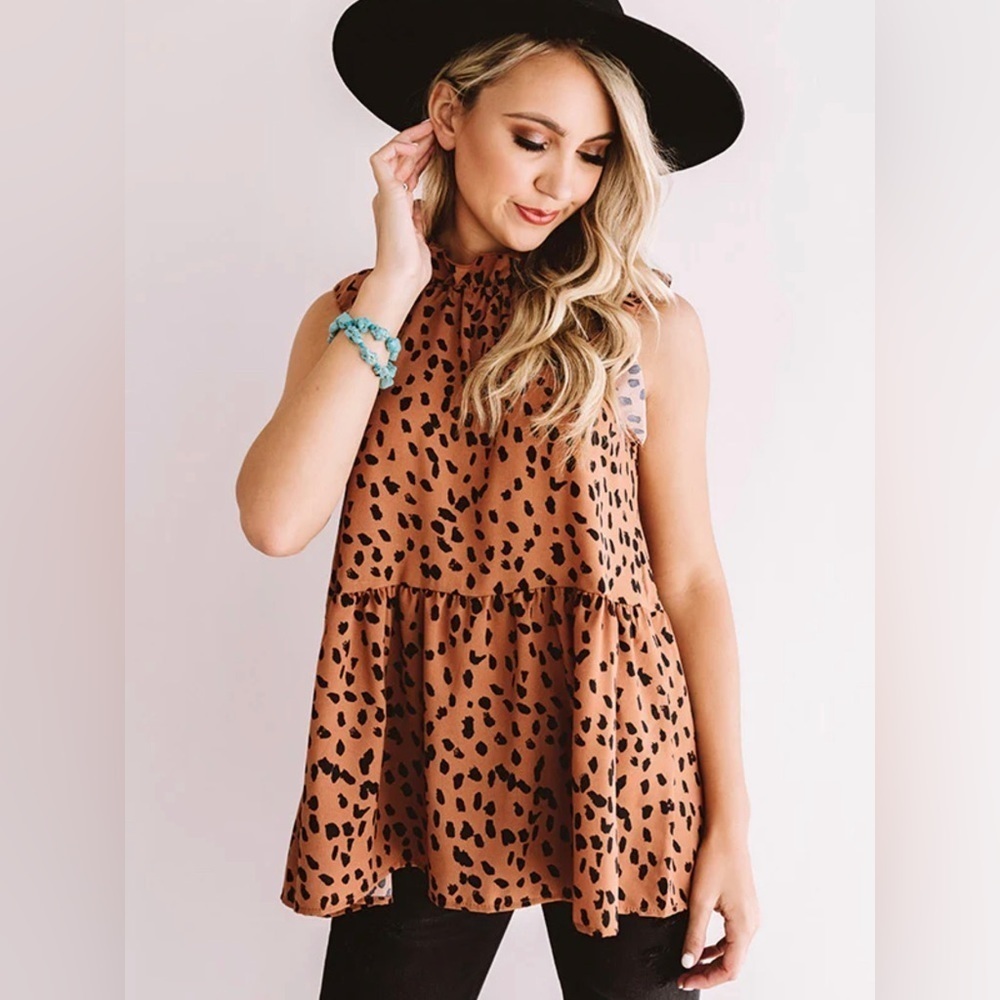 ENTRO |  Leopard Shift Top In Brown Leopard Print with Black Dots
